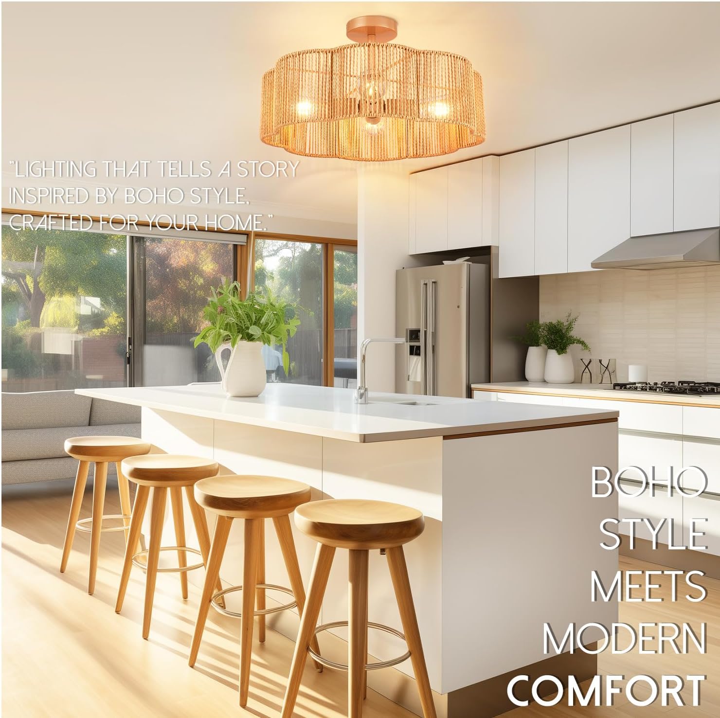 Hamilyeah 20 inch Boho Scalloped Flush Mount Ceiling Light Fixture with Rattan Shade, Gold Woven Light Fixture Ceiling Mount with 4 Light for Living Room, Bedroom, Kitchen