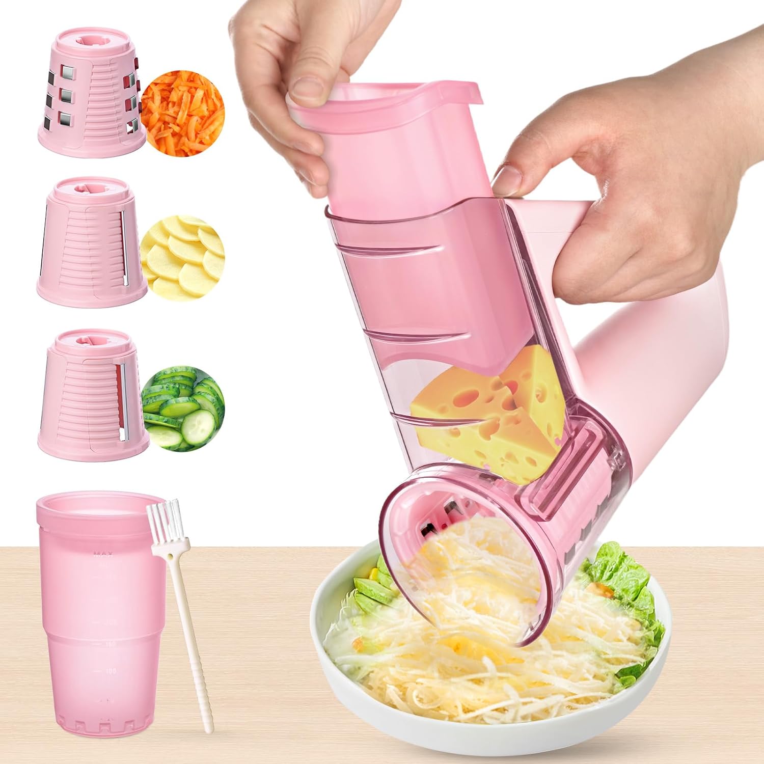 HANSGO Electric Vegetable Slicer, Handheld Salad Cutter Rotary Grater Food Chopper with Container, 3 Blades for Onion Garlic Carrot Cucumber, Pink