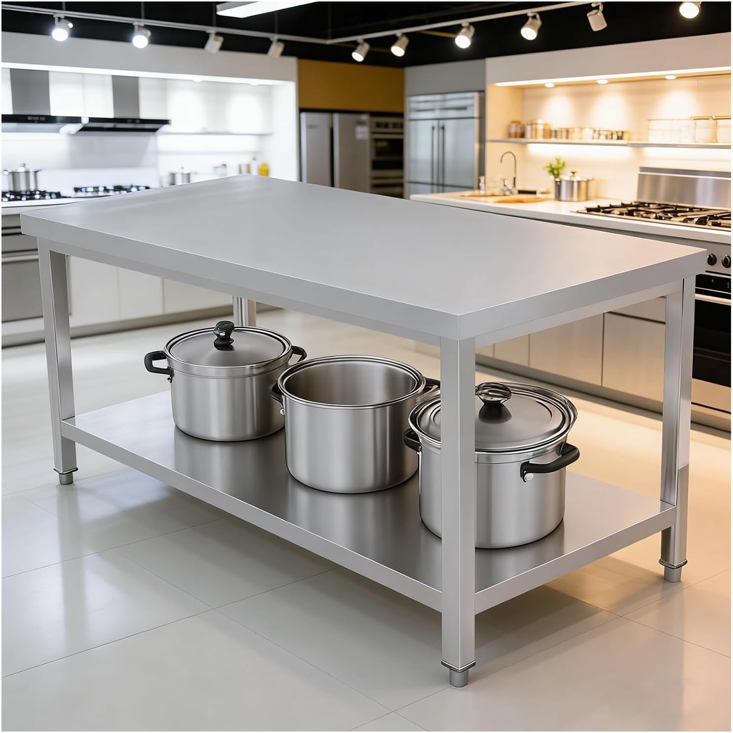 Double-Layer Stainless Steel Workbench Square Leg Packing Prep Table Worktable Adjustable Legs Multi-Functional Metal Prep Station Easy Installation H80cm(80x50x80cm/31.5x19.7x31.5”)