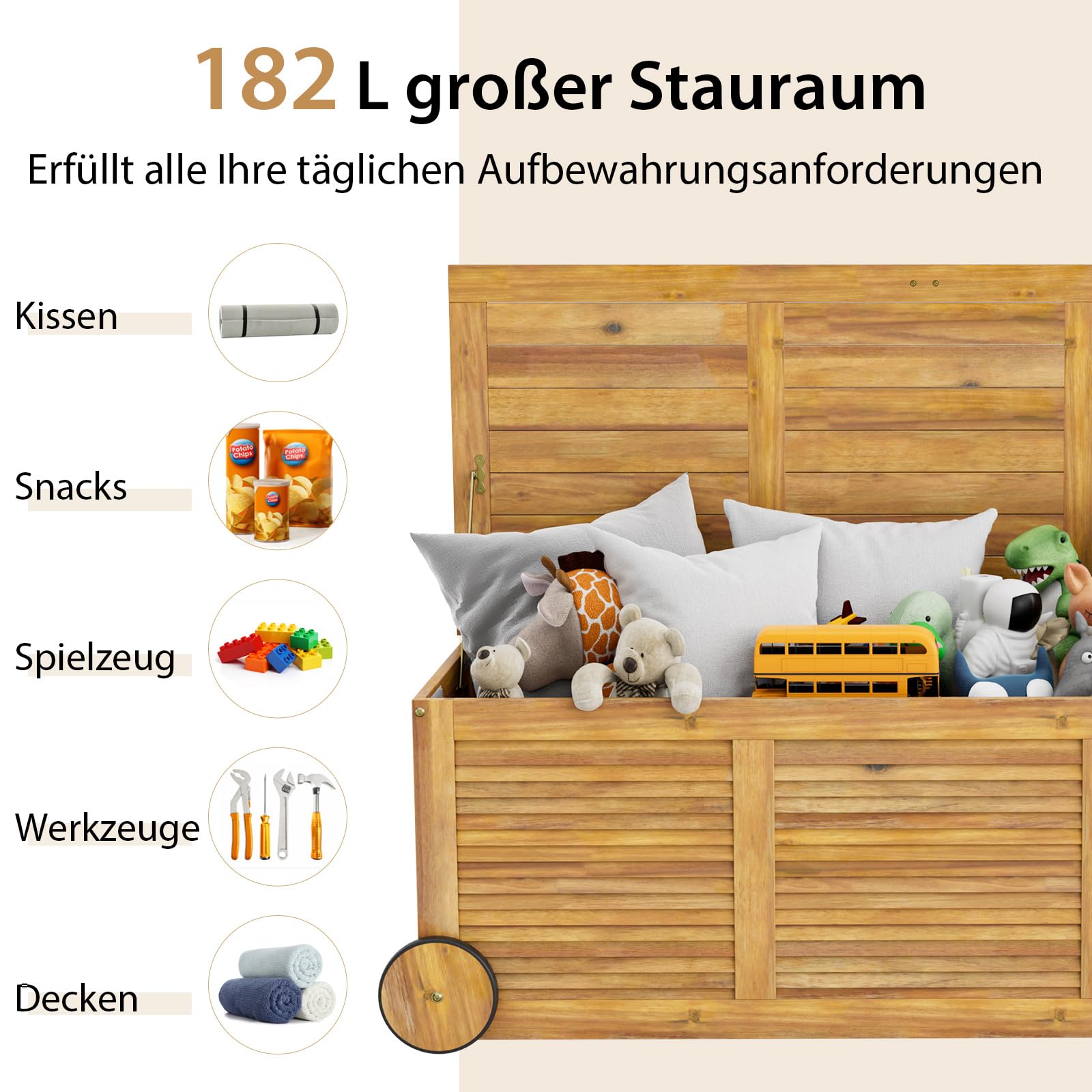 GOPLUS Gartenbox, 182L Aufbewahrungsbox aus Massivholz, Kissenbox mit Rollen, Griff & wasserdichtem Tasche aus PE, Auflagenbox Outdoor für Sitzauflagen, Gartengeräte & Spielzeug, 127x50x45 cm, Natur