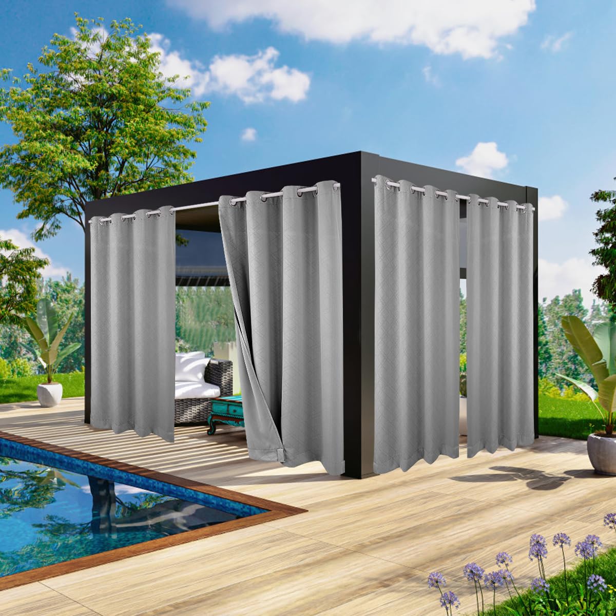 ele ELEOPTION Cortinas de Exterior, Resistentes al Agua, Protección UV, Cortina Exterior con Ojales, Cortina Opaca para Jardín, Patio, Balcón, Gris Claro 3D Textured, 1 Trozo / 132 X 213cm