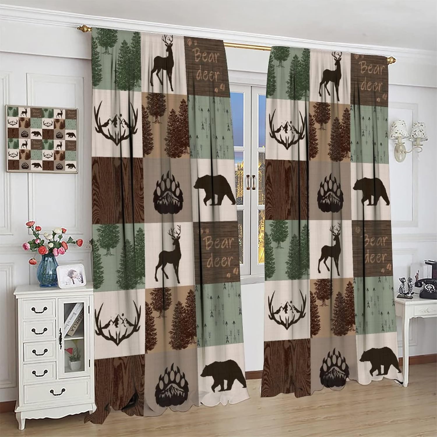 Rustic Wildlife Bear Moose Blackout Curtains for Bedroom,Abstract Retro Cabin Adventure Theme Window Drapes - Thermal Insulated and Noise Reduction,2 Panels 45L x 21W Room Darkening Curtains