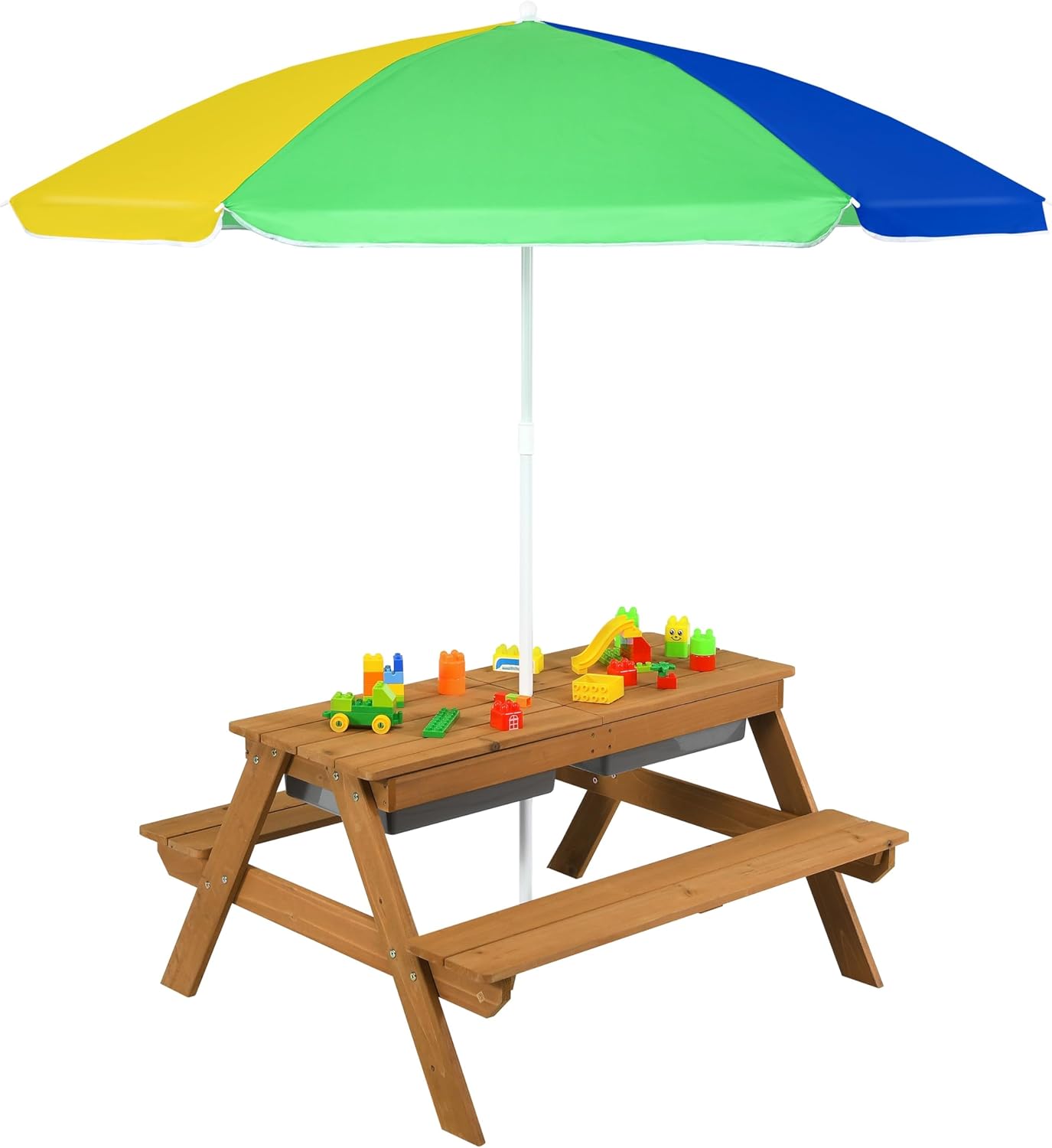 Kids Picnic Table, Sand & Water Tables with Chairs, Sensory Bins, Height Adjustable Umbrella, Toddler Picnic Table with Detachable Tabletop, Kids Picnic Tables for Outdoors, Backyard