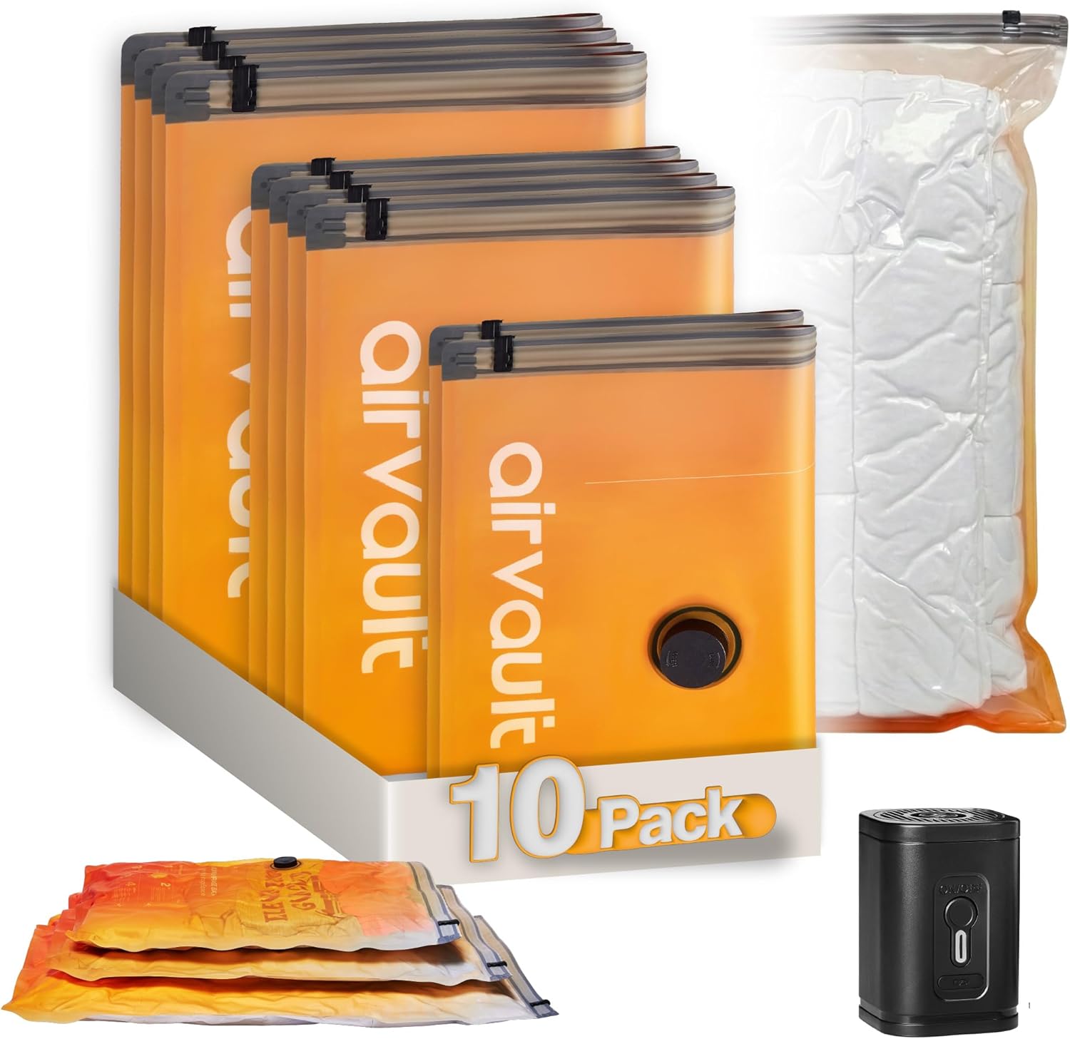 Vacuum Storage Bags for Travel & Home - Space Saver Compression Packing Bags Set for Clothes, Blankets & Seasonal Storage, Small (2), Medium (4), Large (4) (Orange,10-Pack Combo)