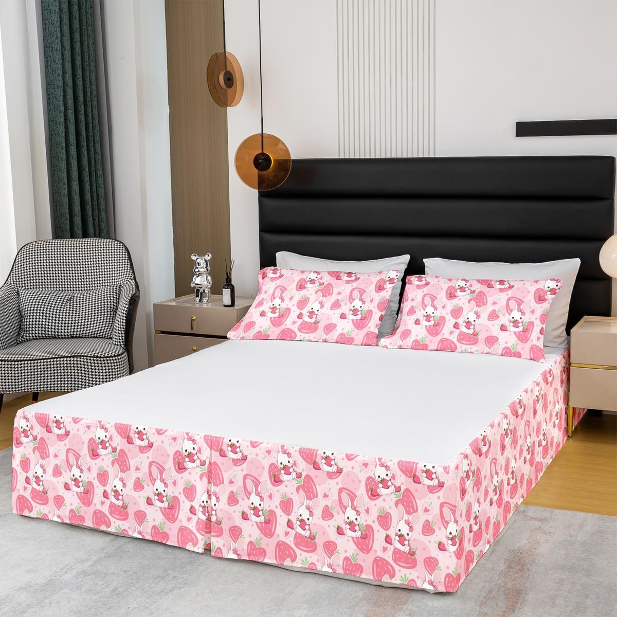 Strawberry Bed Skirt Decor,Cute Strawberry Soft Bedding Bedskirt King Size for Kids Boys Girls Teens Bedroom,Cute Cartoon Rabbit Easy Fit with 15 Inch Drop Bed Skirts Fruit Bedding Fitted Sheet