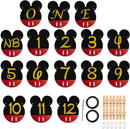 Miniatura 4 de CHuangQi Cartel de fotos de fiesta de cumpleaños con temática de Mickey y pancarta para silla alta "ONE", pancarta de fotos NB a 12 meses,