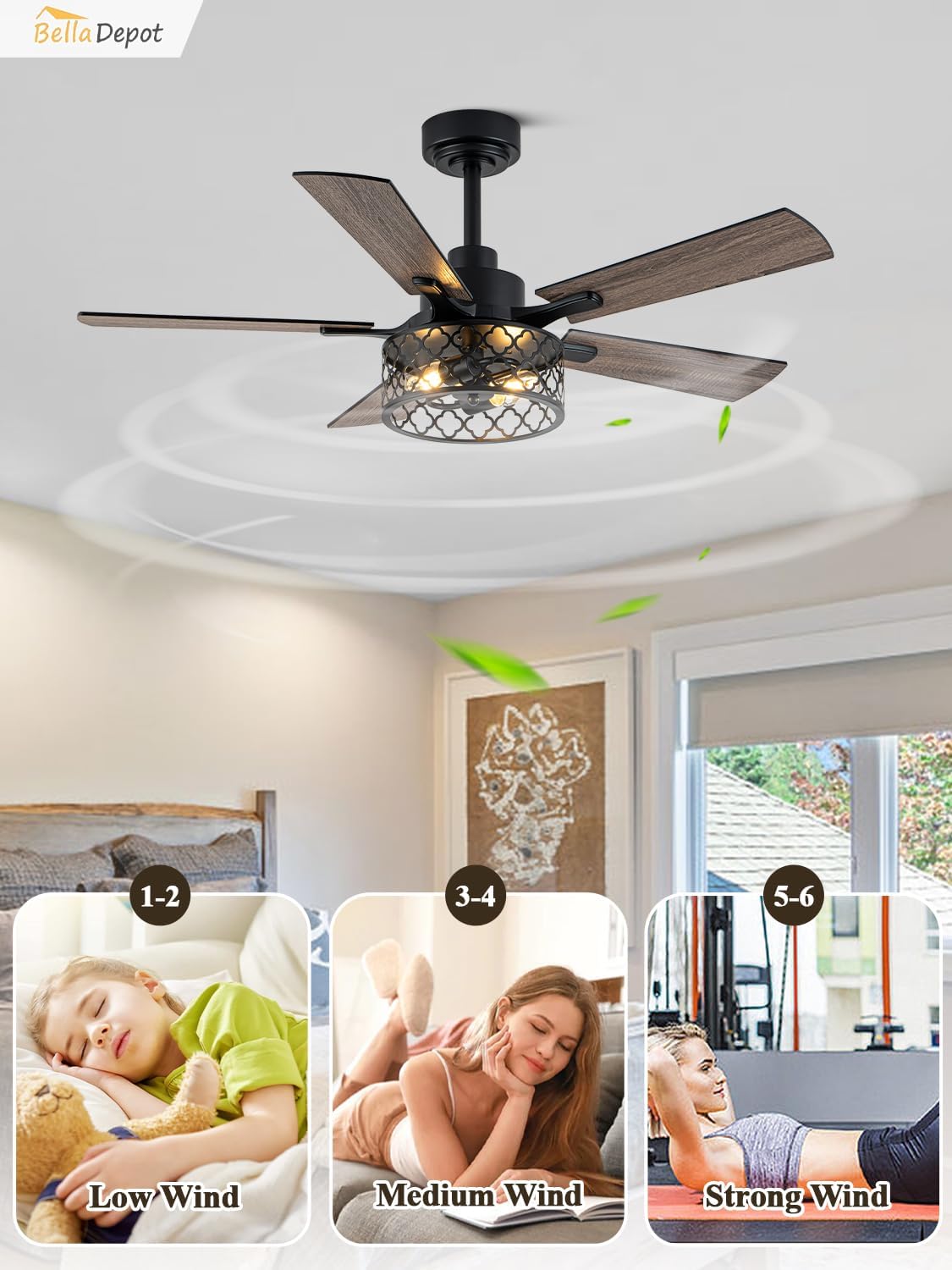 Bella Depot 46" Ceiling Fan with Light Farmhouse Caged Chandelier Fan with Remote Vintage Rustic Indoor Fandelier with Silent Motor for Dining Living Room Bedroom, (Bulbs not Included)