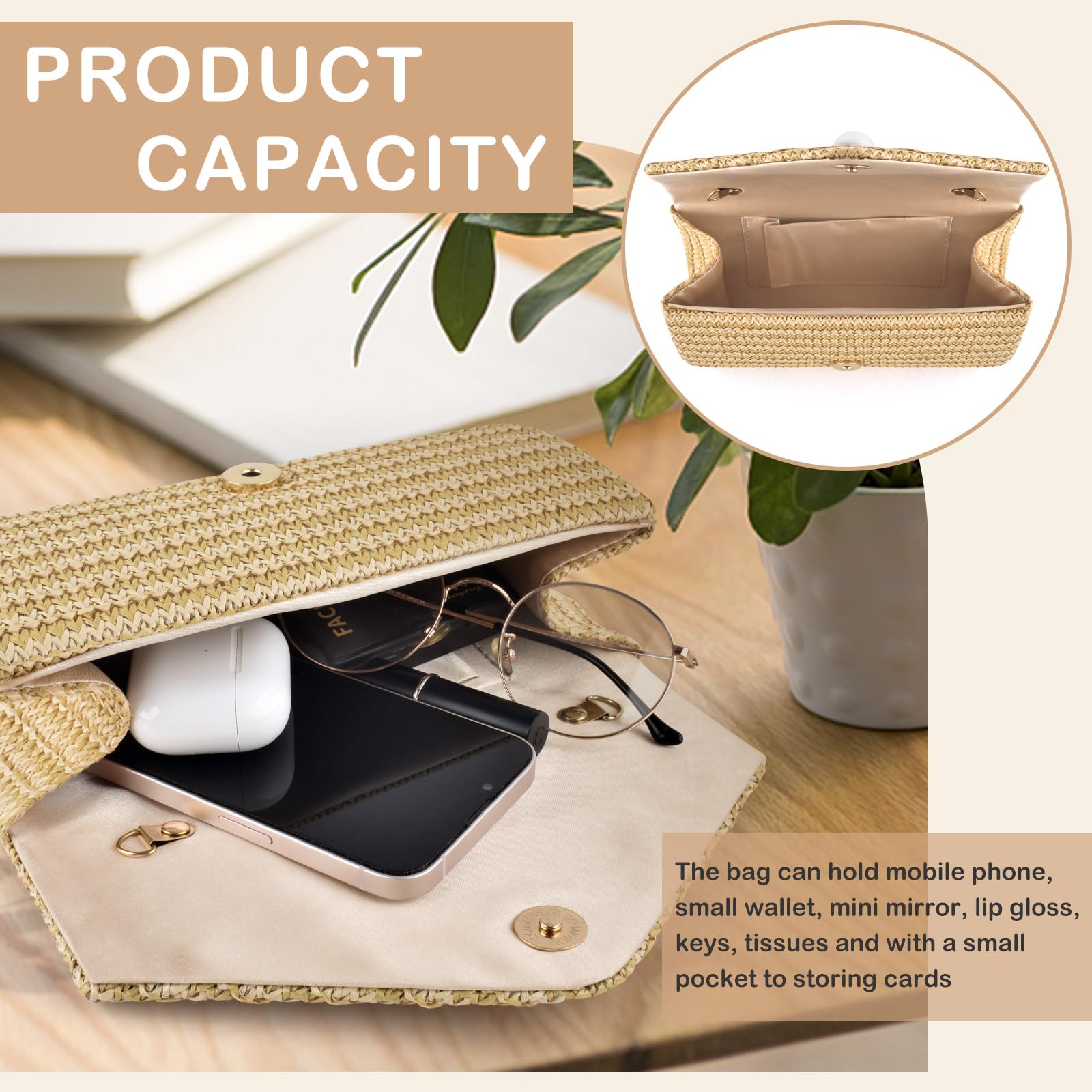 PACETAP Bolso de mano de paja para mujer, decoración de perlas, estilo bohemio, bolso cruzado para playa, viajes, vacaciones, fiesta, baile de graduación