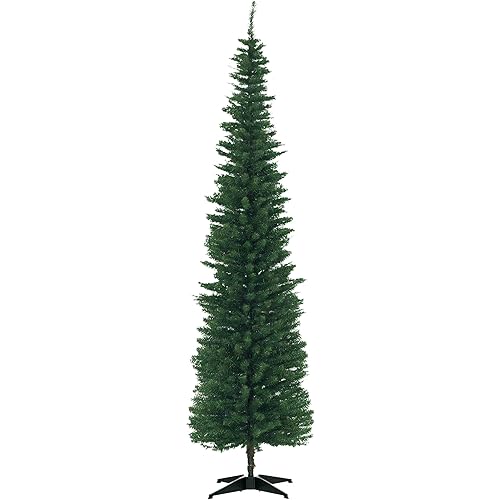 HOMCOM 7' Artificial Pencil Christmas Tree, Slim Xmas Tree with 499 Realistic Branch Tips and Plastic Stand, Green