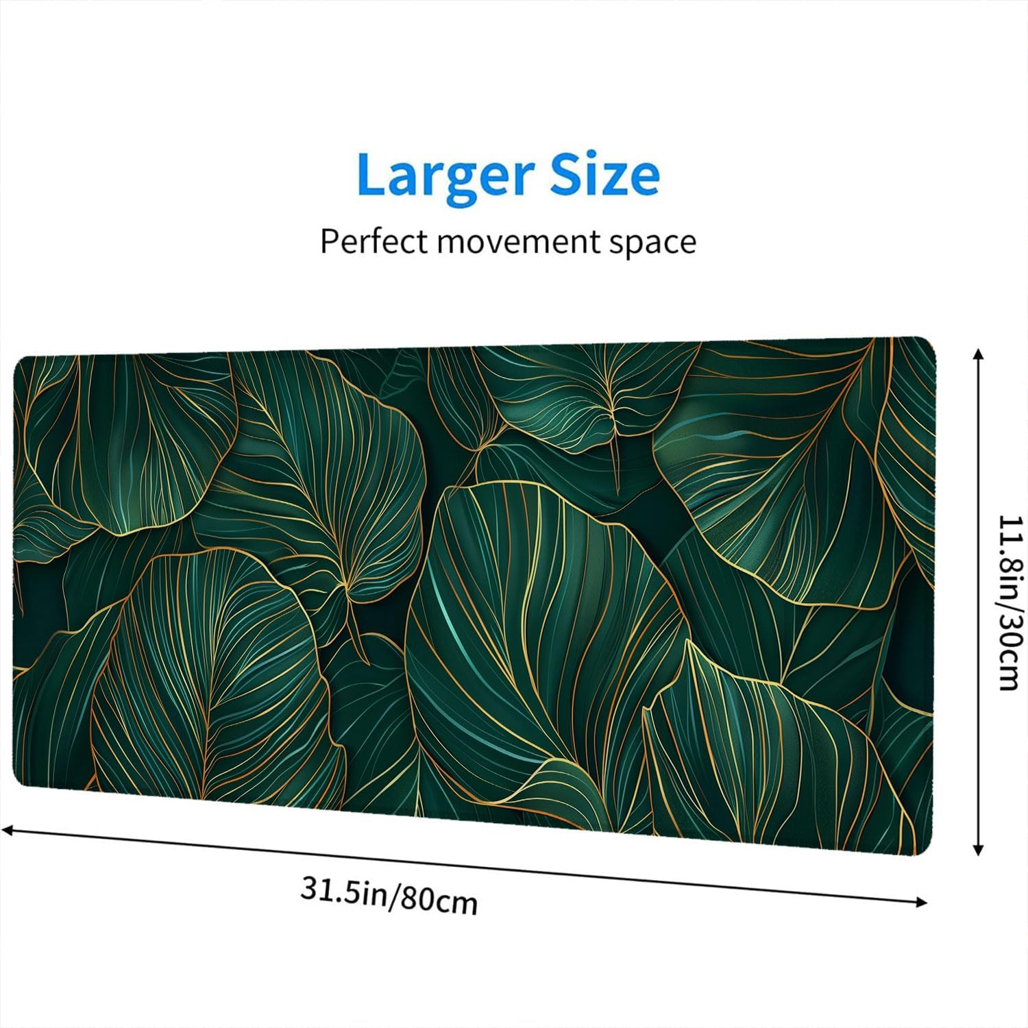 Green Leaves Desk Mat Gaming Mouse Pad Gold Tropical Palm Leaves Large Gaming Mouse Mat with Stitched Edges,Non-Slip Waterproof Rubber Base Mous Mat Office Computer Keyboard Laptop Home 31.5"x11.8" image 2