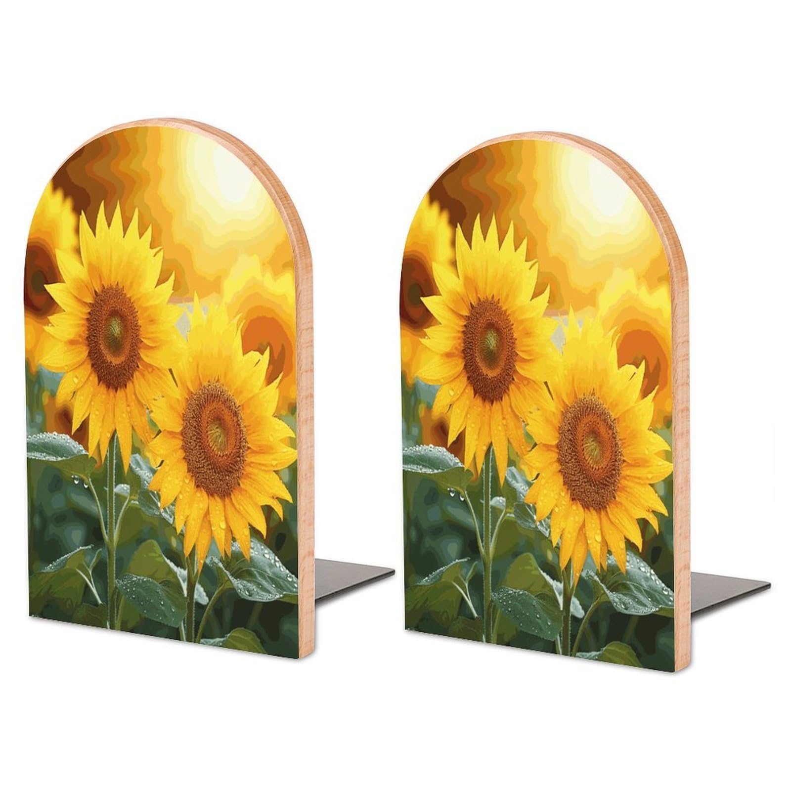 Large Sunflower Flowers Book End with Metal Base Fashion Heavy Duty Bookend Exquisite Wooden Bookends Non-Skid Book Stopper for Shelves Books Organizer for Office Home 1 Pair