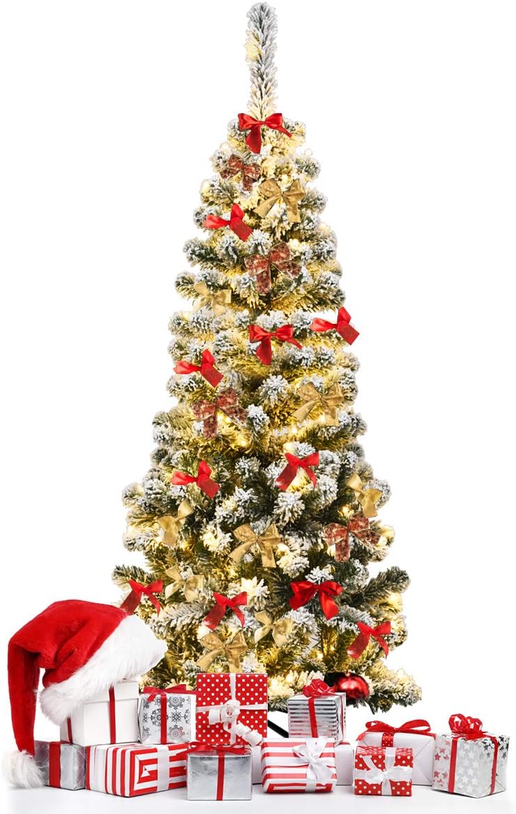 DORTALA 4.5FT Artificial Pencil Christmas Tree, PreLit Snow Flocked
