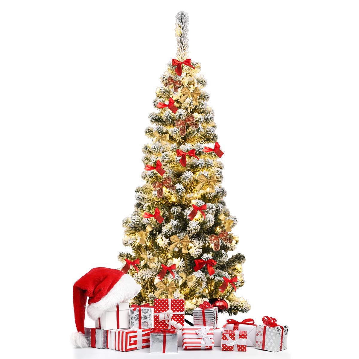 LIFEZEAL Árbol de Navidad Artificial, Abeto Artificial Nevado Iluminado, Árbol de Navidad Nevado Fino con 150/250/350 Luz LED y 242/500/641 Ramas, Base de Metal Plegable (140cm)