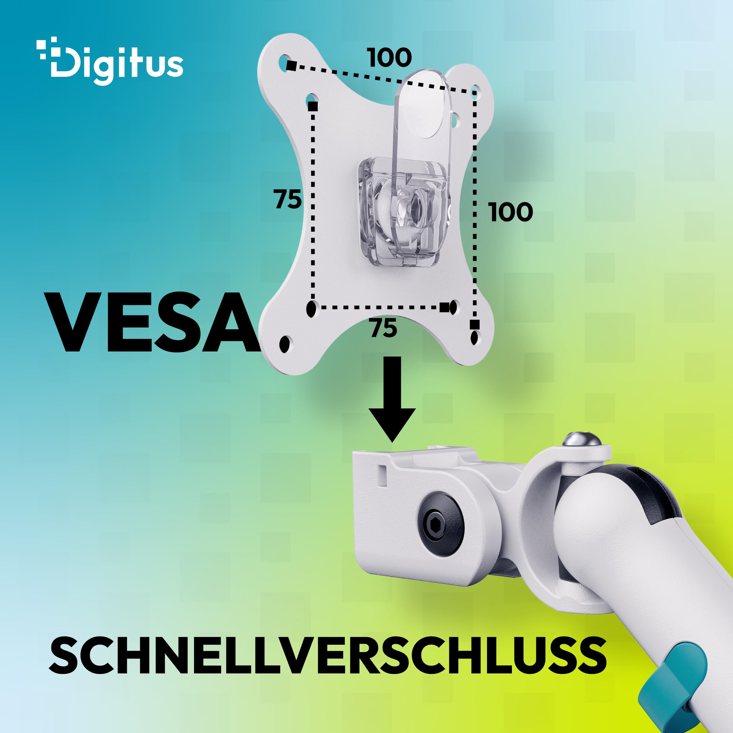 DIGITUS Monitor Halterung 2 Monitore – bis 35 Zoll – mechanische Feder | 10 kg Traglast je Arm – für Flach- und Curved-Bildschirme – VESA 75, 100 – Tischklemme – Weiß
