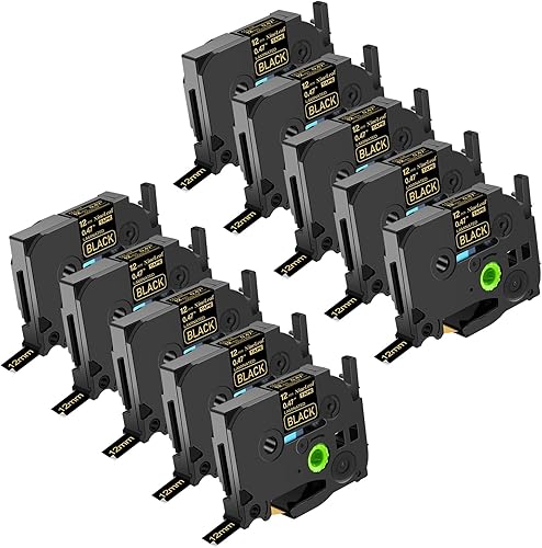 NineLeaf Paquete de 10 cintas compatibles con Brother TZe-334 TZe334 TZ-334 TZ334 de 0.472 in, 1/2 pulgadas, 0.47 pulgadas, oro sobre negro, trabajo