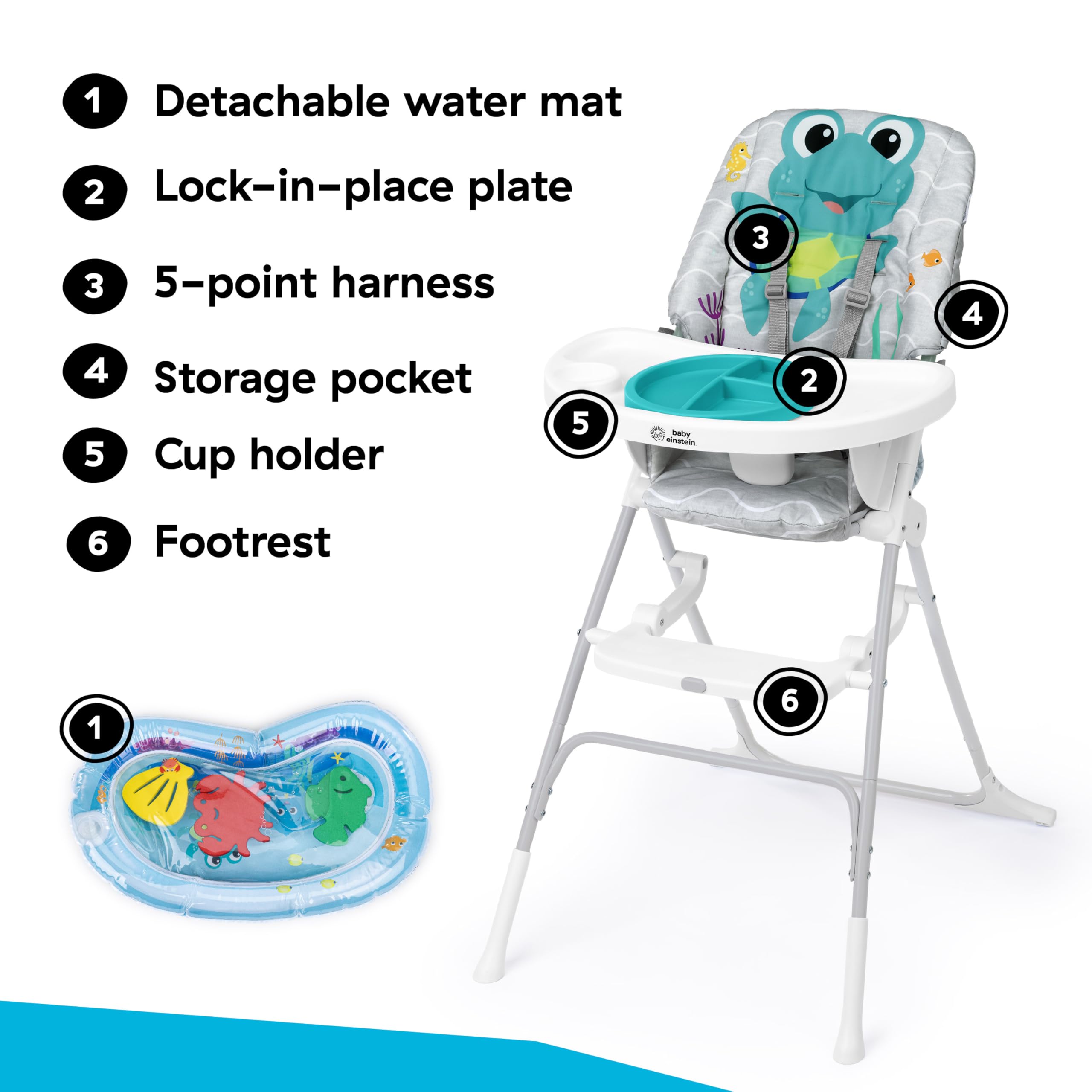 Baby Einstein Ocean Explorers Snack & Splash Faltbar Hochstuhl mit Wassermatte und 5-Punkt-Sicherheitsgurt, für Kinder ab 6 Monaten, Unisex