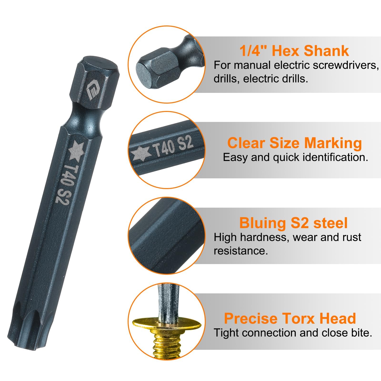 TA-VIGOR 2Pcs T40 Torx Head Screwdriver Bits 1/4 Inch Hex Shank - Image 4
