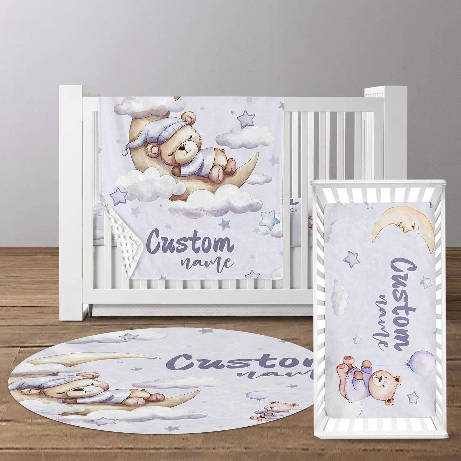 Personalized Baby Crib Bedding Set, Custom Name Moon Bear 3-Piece Set with Soft Double Layer Dotted Blanket, Fitted Sheet, and Room Rug for Newborn Boys Girls, Perfect