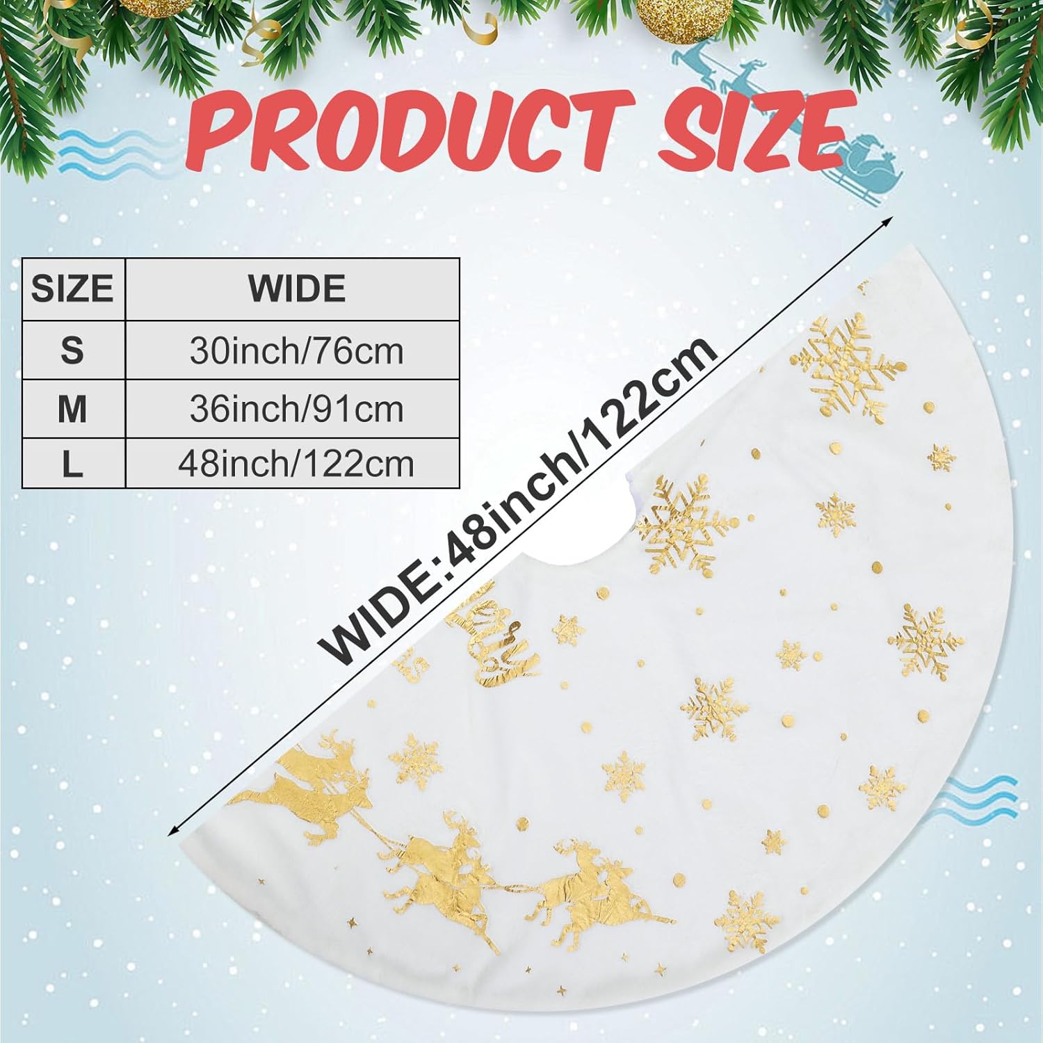 Blosssound 48 Inch Christmas Tree Skirt Gold Santa Elk Tree Skirt Soft Snowflake Xmas Mat Merry Christmas Party Decoration for Winter Happy New Year Holiday Indoor Outdoor Decor Supplies (White)