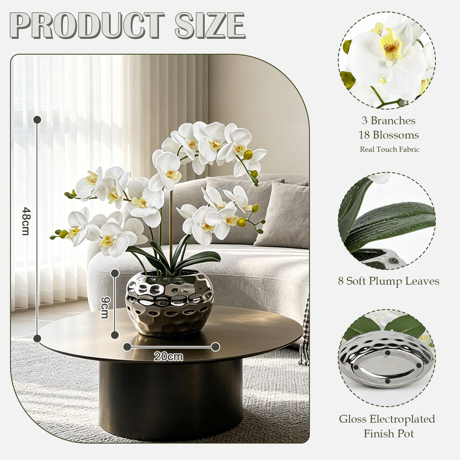 PlusFive Orchidea Finta Realistica Bianca 48 cm, Orchidee Finte, Orchidee Artificiali con vaso, Fiore di Orchidea Artificiale, Pianta Finta da Interno, Regalo Inaugurazione Casa, Soggiorno e Ufficio