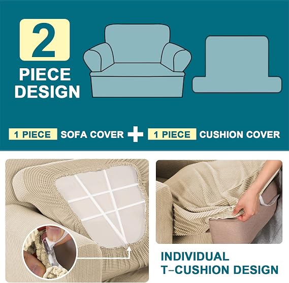 Turquoize T Cushion Chair Slipcover Armchair Slipcover for Living Room Stretch Sofa Couch Cover Soft Armchair Cover Furniture Covers with Individual T Cushion Seat Covers (Chair, Biscotti Beige)