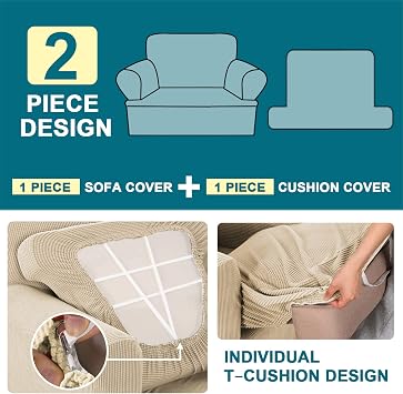 Turquoize T Cushion Chair Slipcover Armchair Slipcover for Living Room Stretch Sofa Couch Cover Soft Armchair Cover Furniture Covers with Individual T Cushion Seat Covers (Chair, Biscotti Beige)
