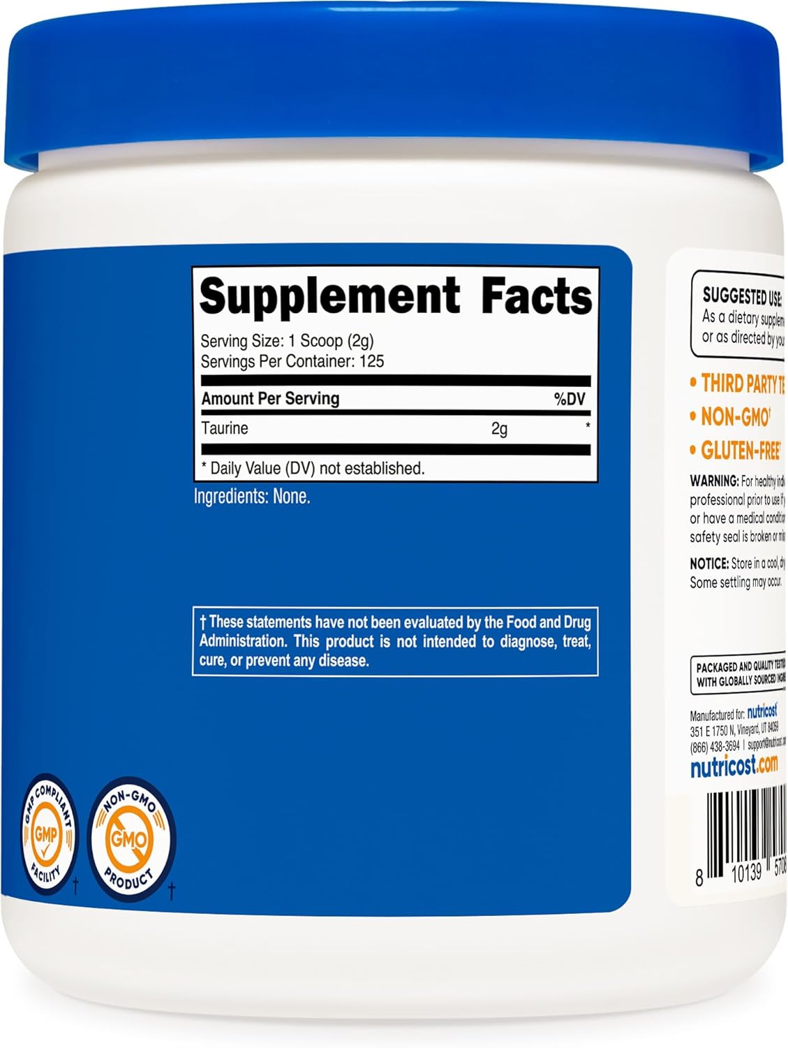 Nutricost Taurine Powder 250 Grams - 125 Servings, 2000mg Per Serving (Pack of 2)