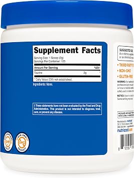 Nutricost Taurine Powder 250 Grams - 125 Servings, 2000mg Per Serving
