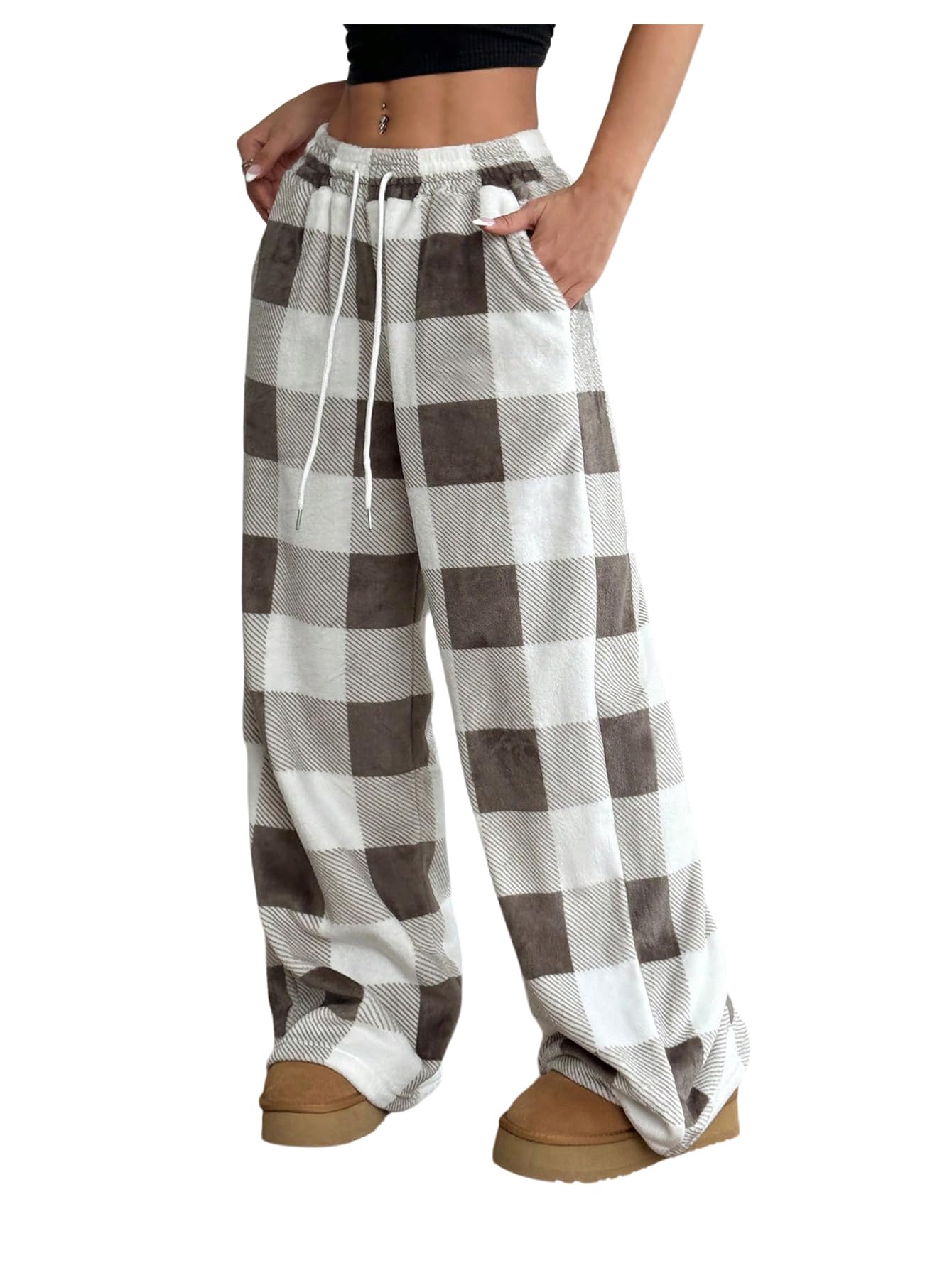 SOLY HUX Womens Plaid Pants Y2k Drawstring Wide Leg Baggy Pants Long Trousers with Pockets