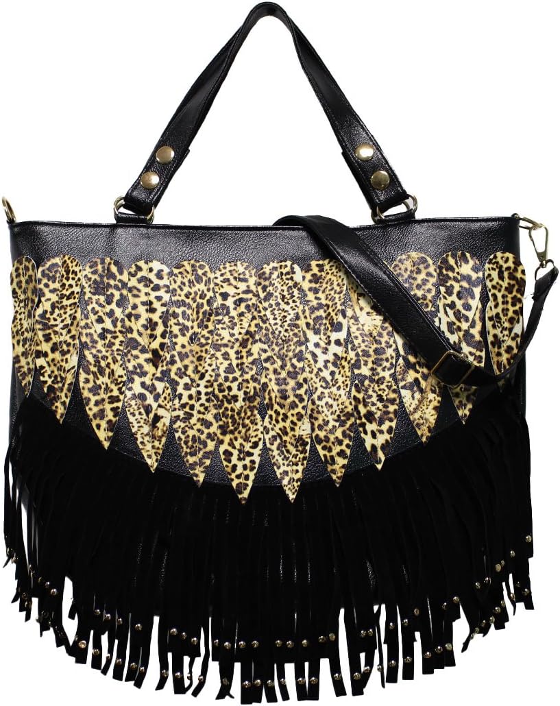Women Lady Punk Tassel Leopard Print Fringed Handbag Tote Bag Shoulder Bag Purse Black