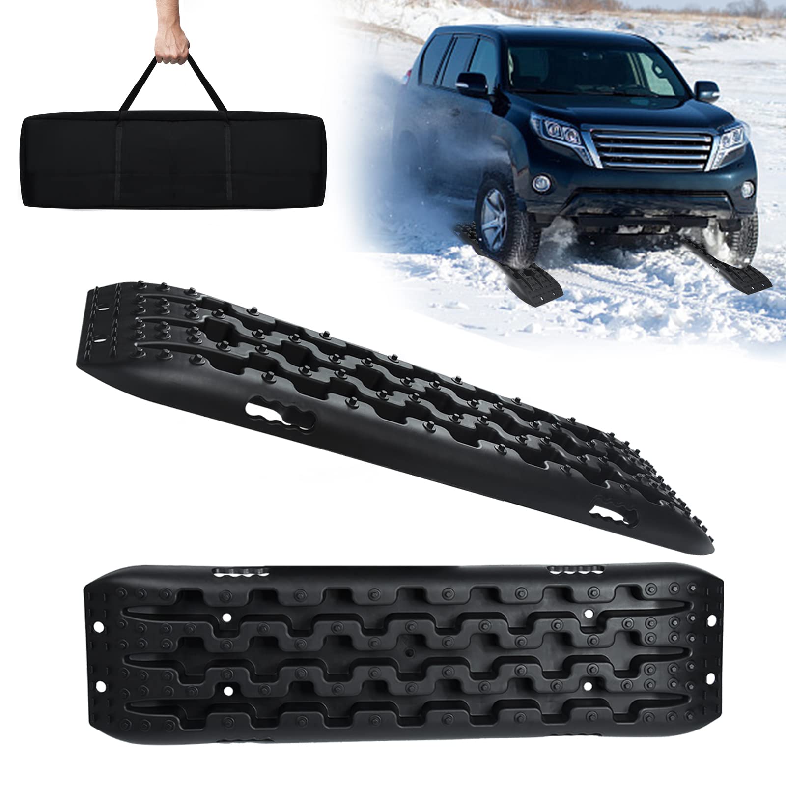 NAIZY 2x alfombrilla de tracción el plastico Placa de recuperación de ayuda a la tracción Pistas con bolsa de almacenamiento Cinta de tracción Carga máxima de 10T para automóviles y camiones, negro