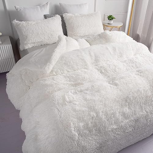 Miniatura 2 de chovy - Juego de edredón afelpado de pelo sintético blanco, tamaño king, terciopelo, franela, mullido, ultrasuave, ropa de cama de 3piezas (1edredón