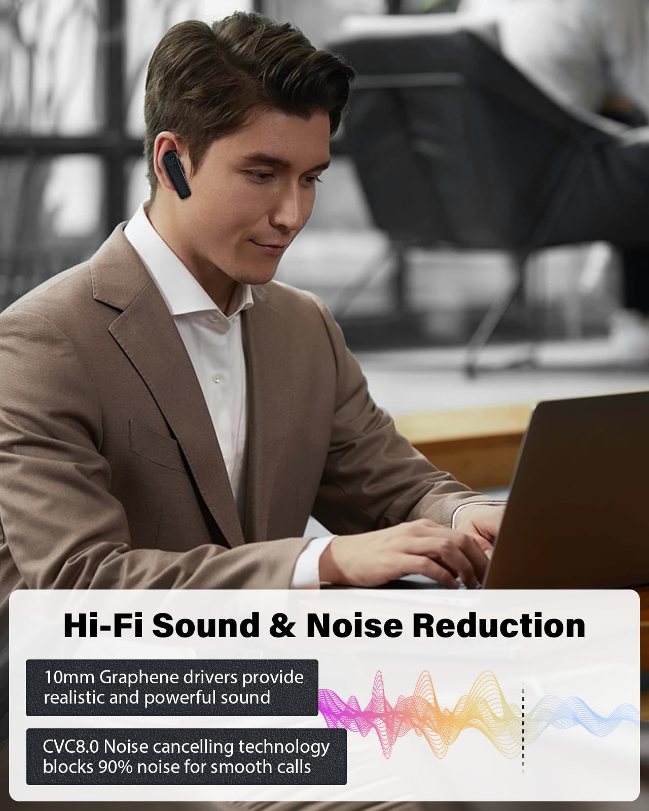 Auriculares Bluetooth, auriculares de negocios de una sola oreja, auriculares manos libres V5.3 con gancho, auriculares inalámbricos de 16 horas de conversación, auriculares Bluetooth con micrófono