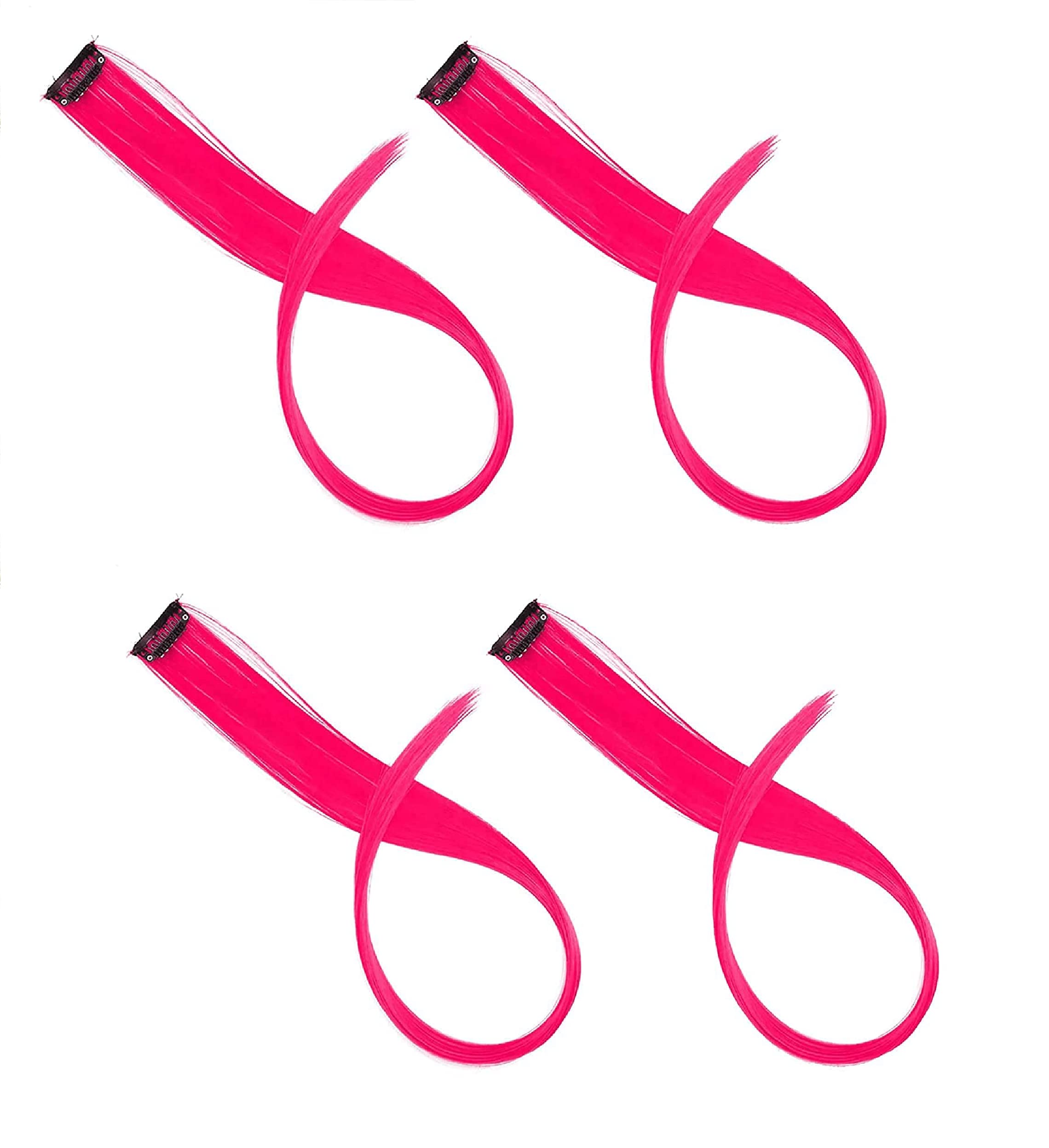 Verbier Straight Single Clip Hair Streak Color Extension Highlighter/Hair Extension/Hair Highlights/Hair Colour Streaks For Women And Girls Set of 4 (Neon Pink)
