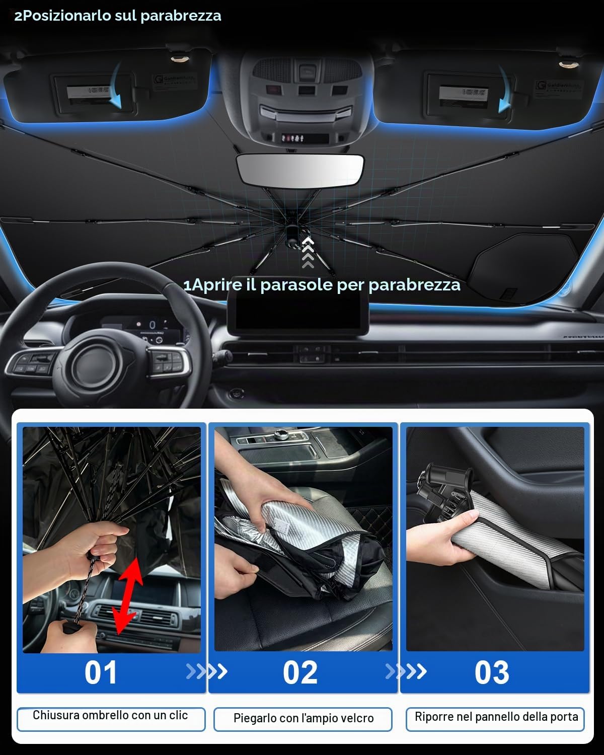 SHAOHAO Parasole Ombrello per Jeep Avenger 2023-2025 2026 con Maniglia a Corda in Nylon Flessibile, Protezione Display Antigraffio, Isolamento Termico UV, Ombrellone Auto Pieghevole Accessori