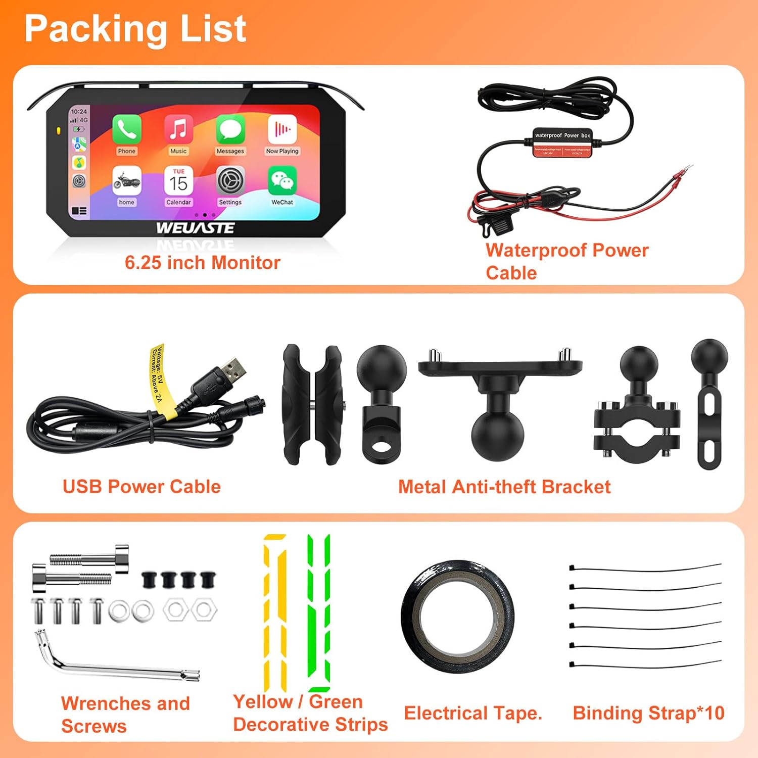 6.25" Motorcycle Carplay/Android Auto/HiCar, Moto GPS Navigation with Waterproof Touchscreen, Portable Moto Car Play, Metal aAnti-Theft Bracket, BT, Fully Laminated Screen, High Brightness