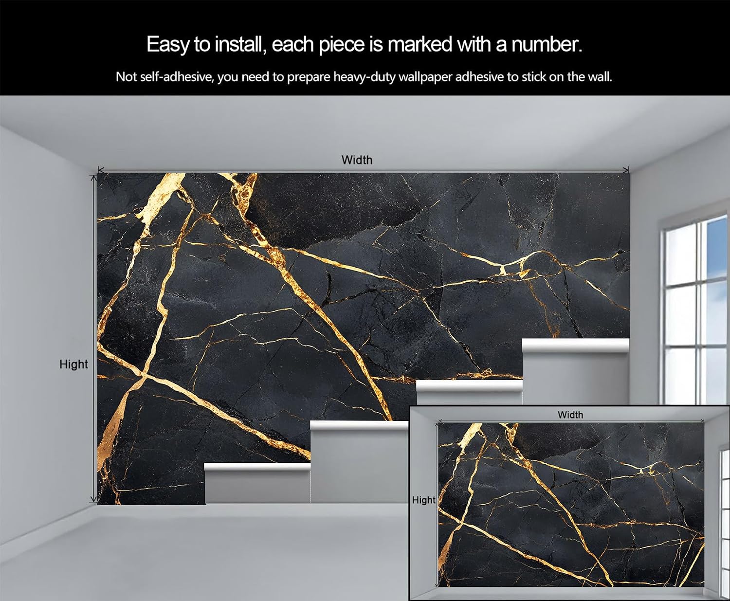 Marble Wallpaper, Black and Gold Marble Wall Murals, Cracked Textured Mural Wallpaper for Bedroom Living Room, 3D Printed Background Wall Decor (Not Peel and Stick)