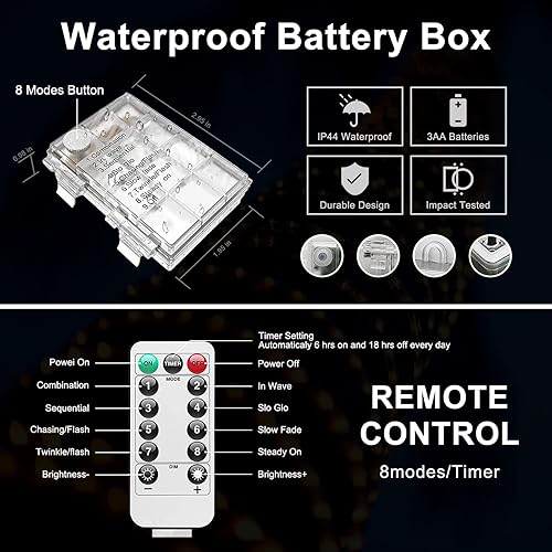 Miniatura 5 de JMEXSUSS Paquete de 2 luces de cuerda a pilas para exteriores, impermeables, cada una de 33 pies, 100 luces LED blancas de Navidad con control