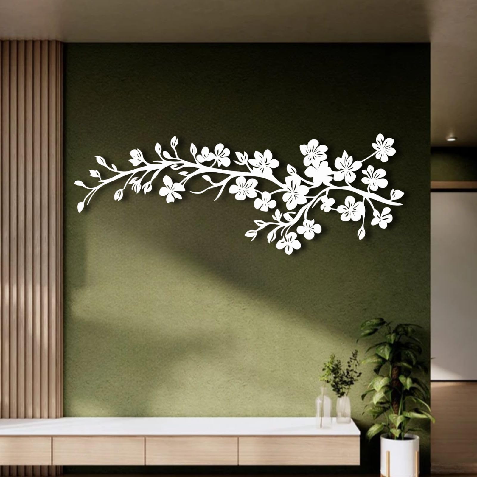 Arte murale in metallo con rami giapponesi per soggiorno, stile botanico