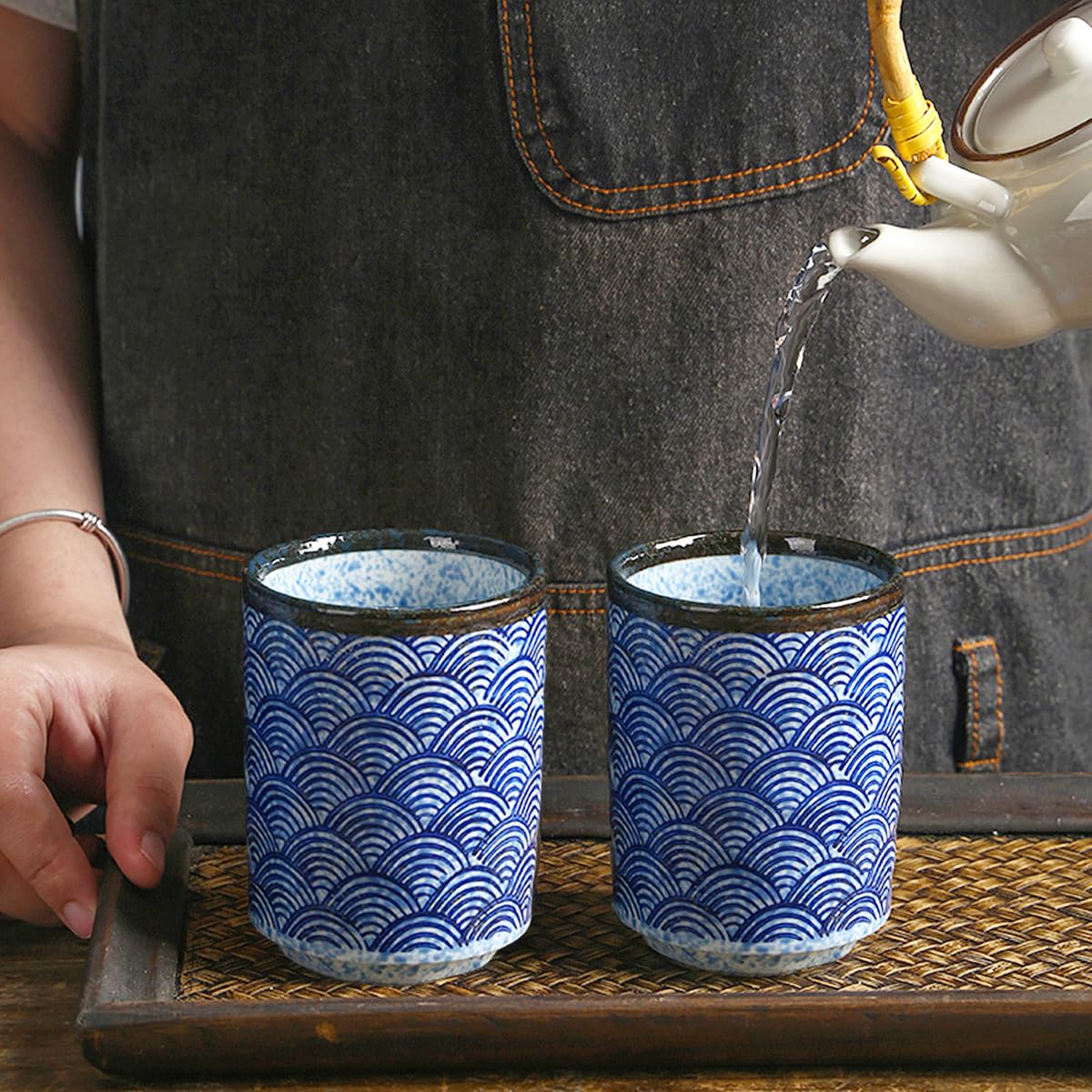 Taza de Té Japonesa, Juego de 2 Tazas de Té de Porcelana, Taza sin Asa de Cerámica Chino, Azul, 275 ML