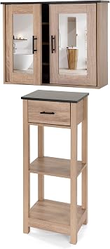 MAISON ARTS Storage Cabinet Sets, Includes Medicine Cabinet with Mirror Doors & Freestanding Bathroom Shelf with Drawer for Living Room, Kitchen, Bathroom