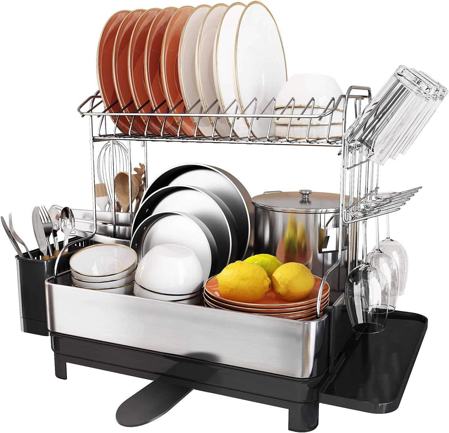 Dish Rack and Drainboard Set, Romision 304 Stainless Steel 2 Tier Large Dish Drying Rack with Swivel Spout, Dish Strainer for Kitchen Counter with Utensil Holder, Cup Rack, Water Tray