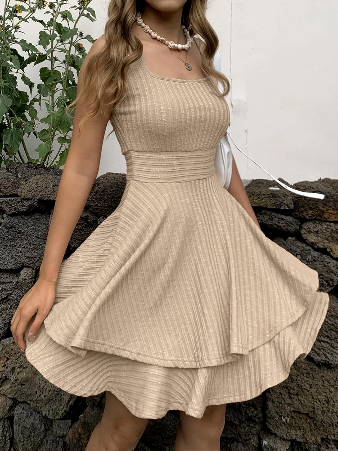 Summer Dress for Women Casual Sleeveless Square Neck Ruffle Tiered Short Flare Dress A Line Beach Boho Sundress - Image 3