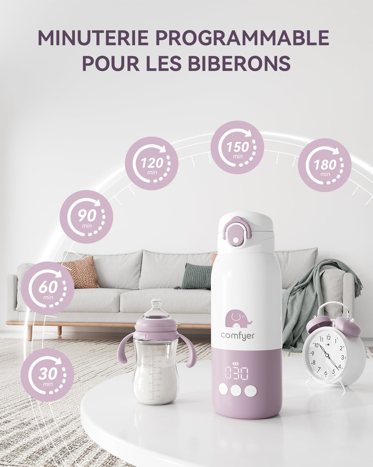 Comfyer BW01 Chauffe Biberon Nomade Portable sans Fil, Chauffage Rapide pour Lait Maternel et Eau, Longue Autonomie 12000 mAh, Température Réglable, Capacité 340 ml, Idéal pour Voyage, Voiture & Avion