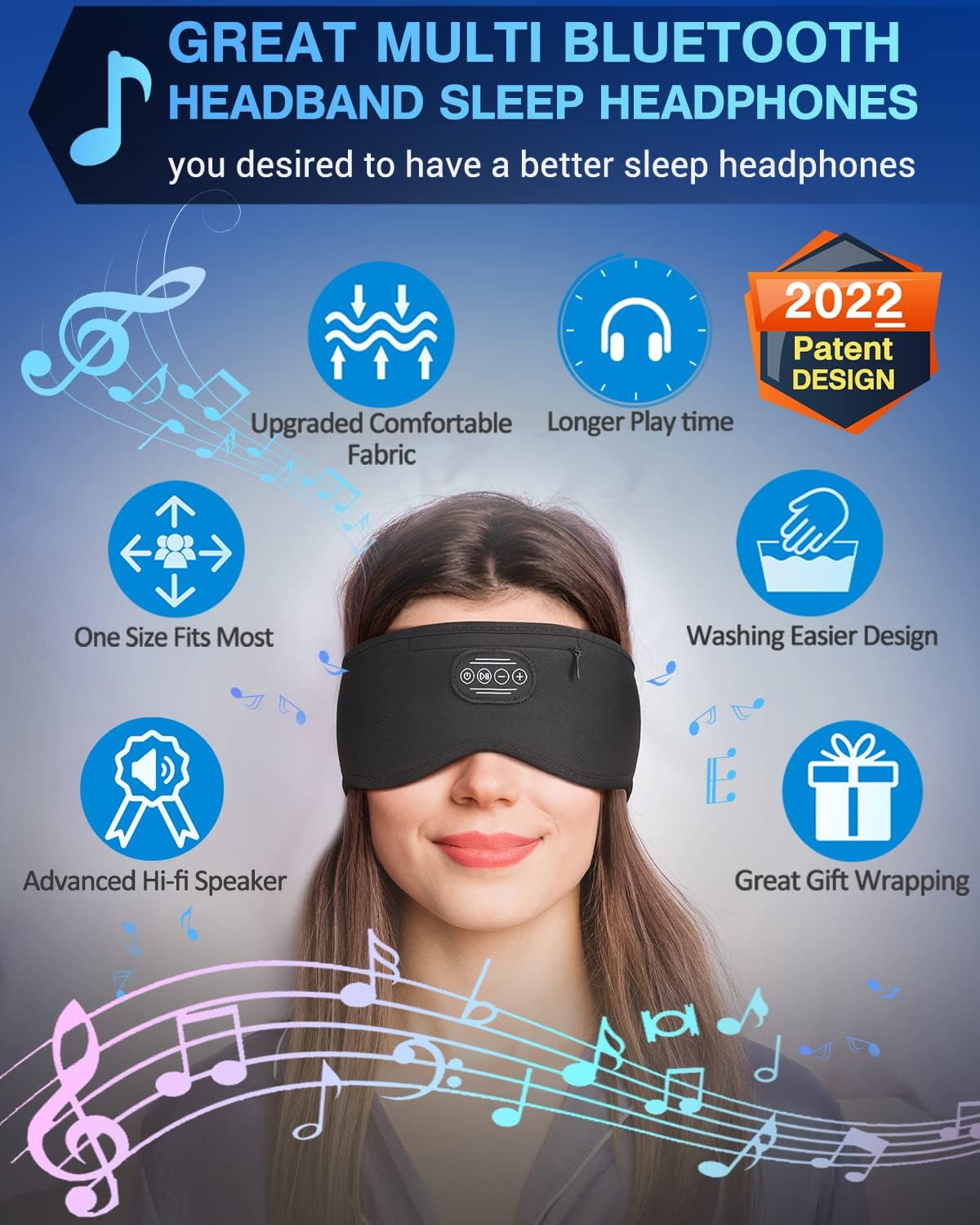 Diadema Bluetooth Para Dormir Con Altavoces – Antifaz De Tela Transpirable Y Lavable Para Viajar O Relajarse (Negro, Tamaño 25.7x9.5cm)