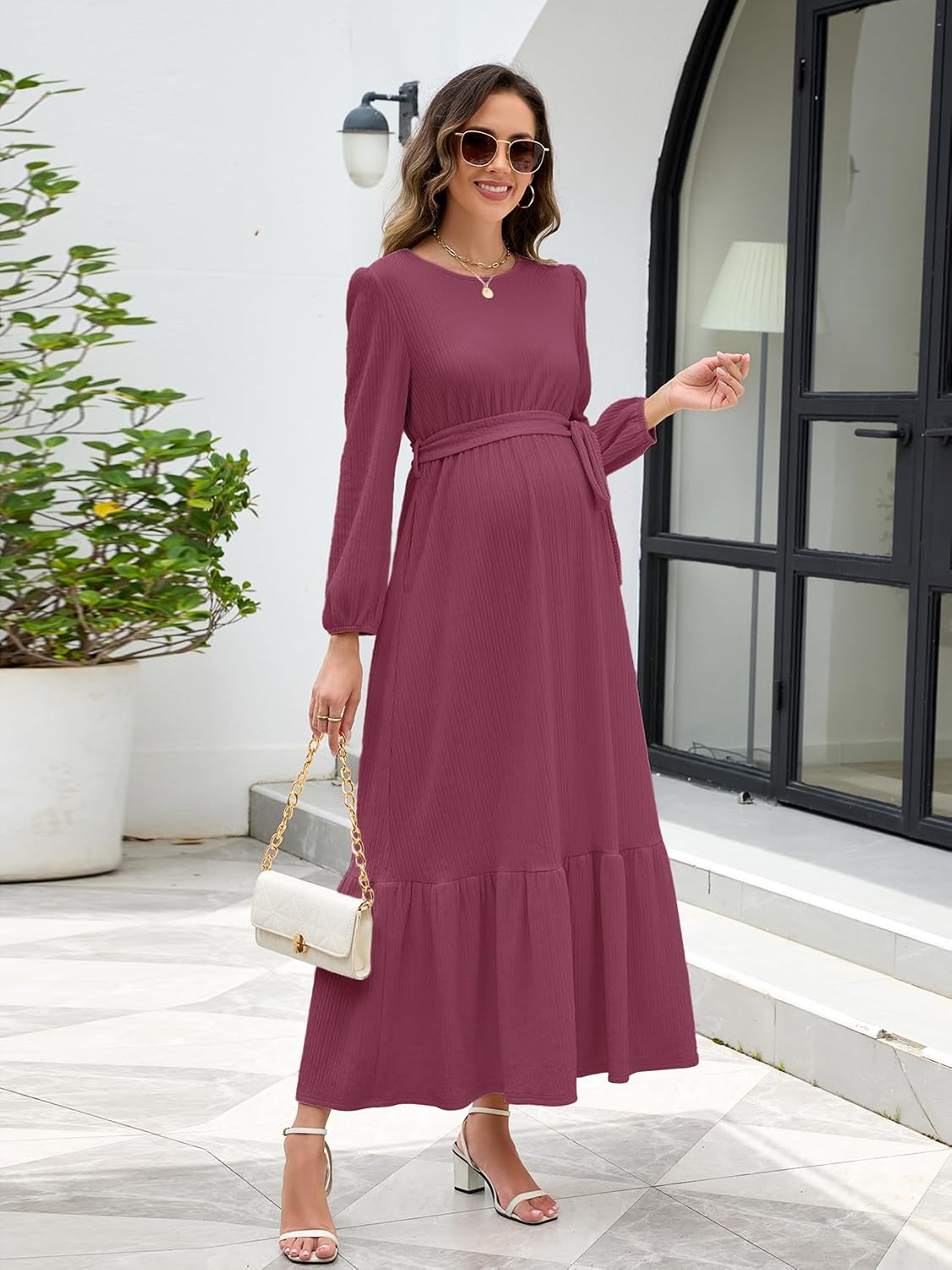 AISWI Women's Maternity Maxi Dress with Belt Long Sleeve Crew Neck Pregnancy Dresses with Pockets Baby Shower Photoshoot