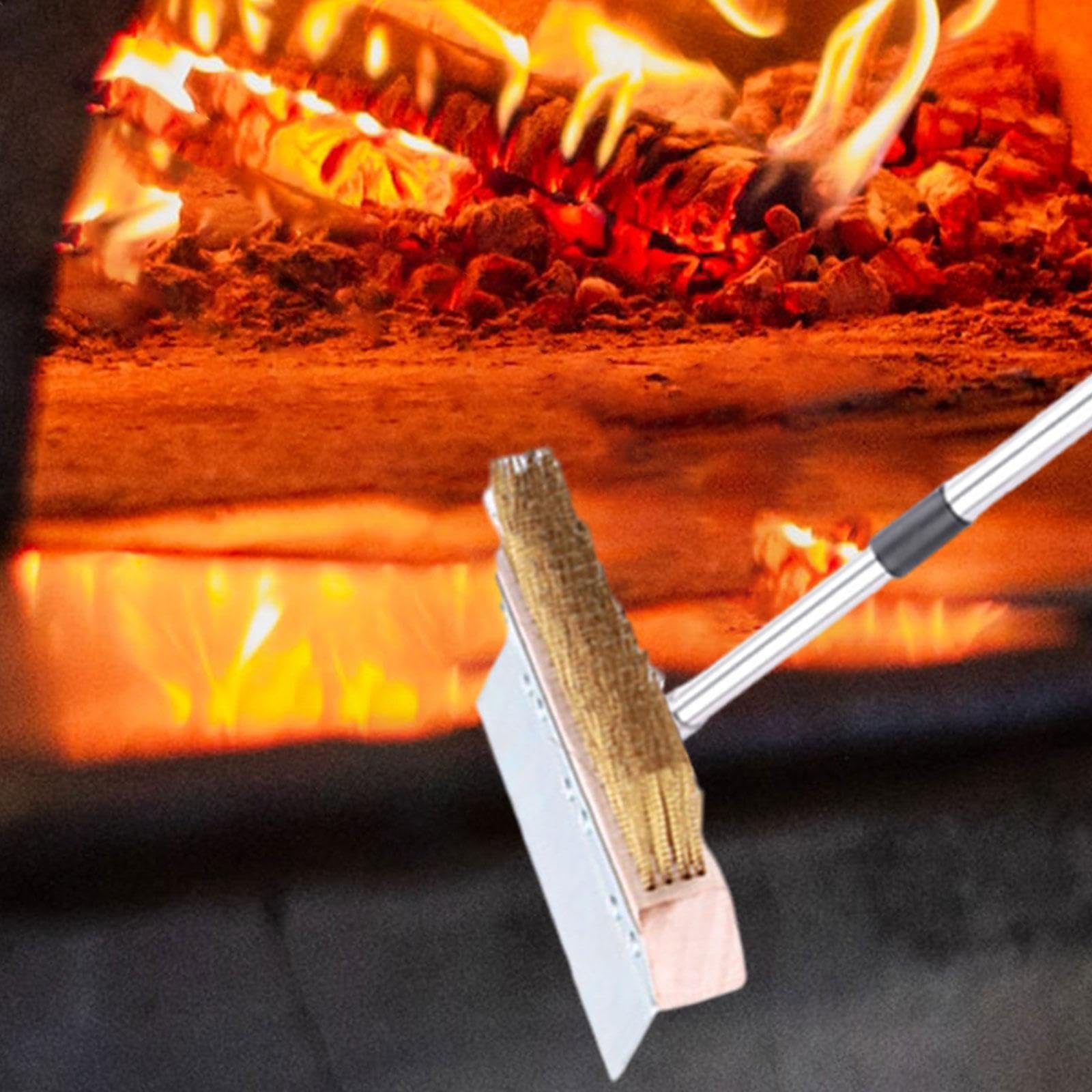 Cepillo para Horno de Pizza con Mango Ergonómico de Acero Inoxidable Y Madera Cerdas Metálicas de Cobre Cabezal Amplio Adecuado para Limpieza en Horno, 1,6 m