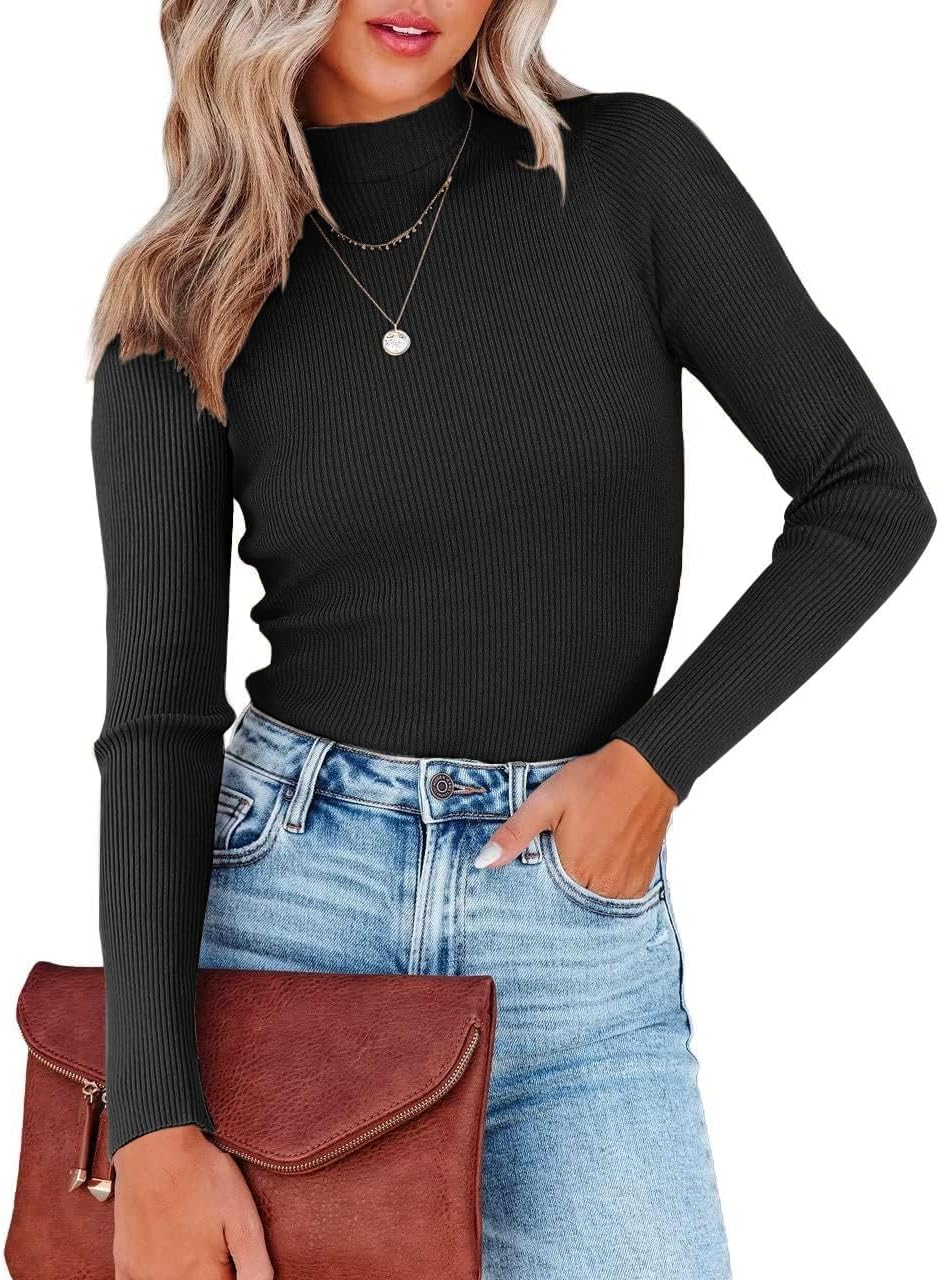 Lacozy Women's Mock Neck Long Sleeve Tops Dressy Casual Fitted Ribbed Basic T Shirts