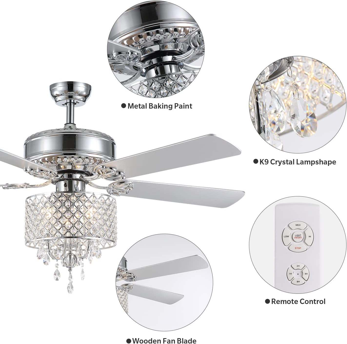New Product APBEAMLighting 52 Inch Crystal Ceiling Fan Light Modern Elegant Fandelier Fan Indoor Chandelier Fans 5 Reversible Wood Blades 3 Speeds with Remote Control for Living Dining Room