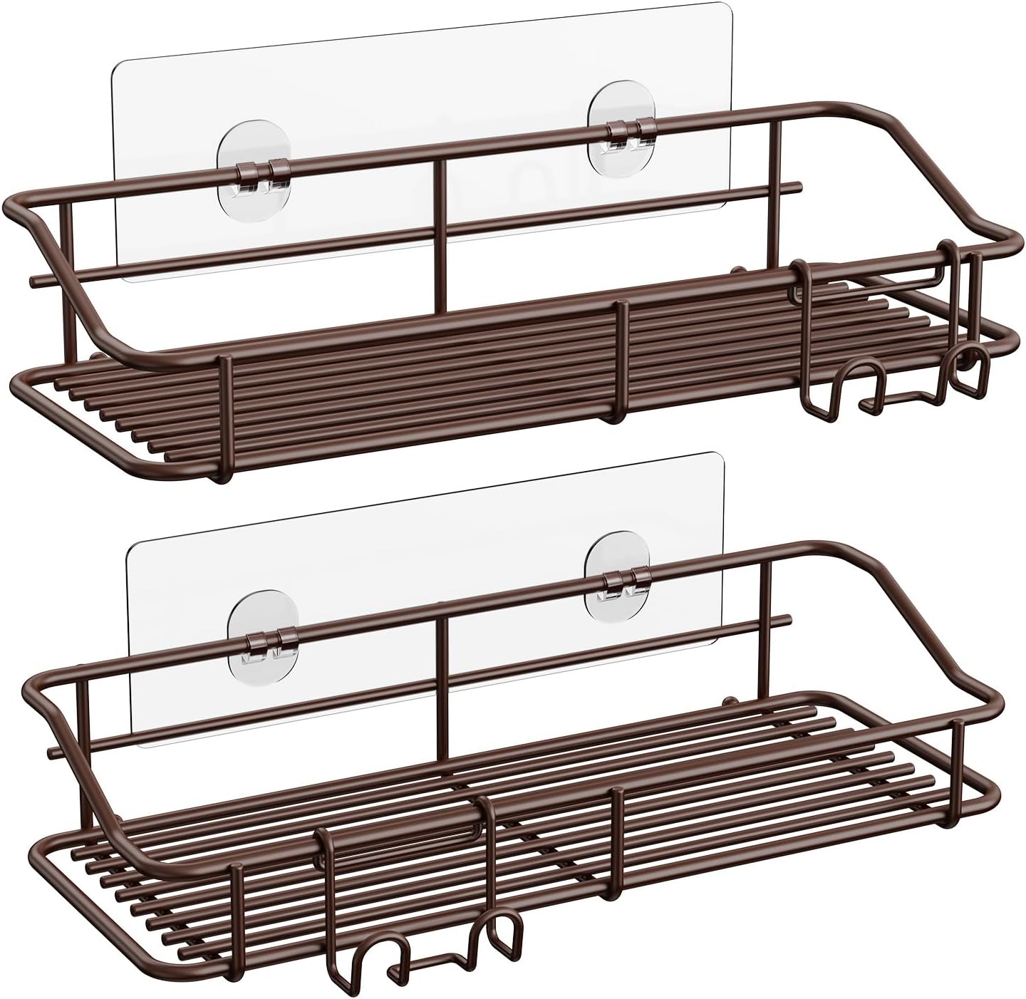 Nieifi Shower Caddy Adhesive, Shower Shelves, Shampoo Holder for Bathroom | Stainless steel, 2 pack, shower rack, shower organization, with hooks, rustproof, no drilling, razor holder, brown